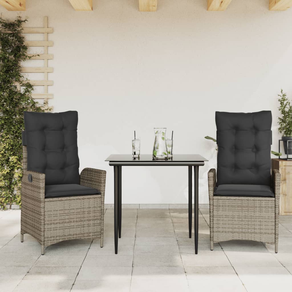 Vetonek Set comedor de jardín 3 piezas con cojines ratán sintético gris