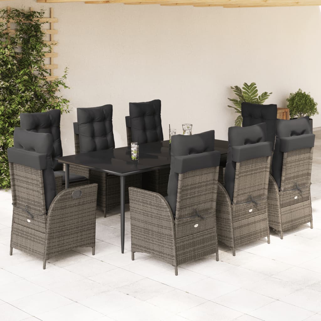 Vetonek Set comedor jardín 9 pzas y cojines ratán sintético gris