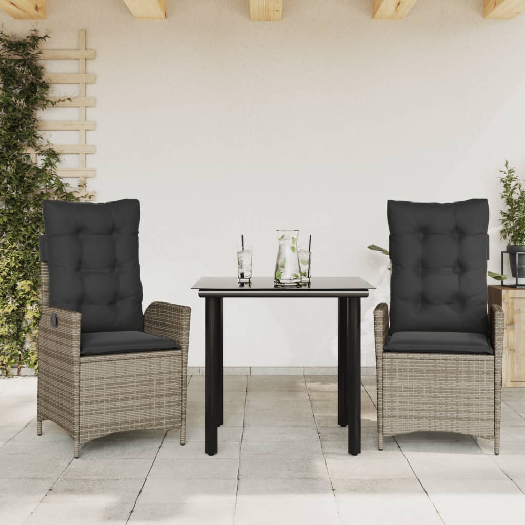 Vetonek Set comedor de jardín 3 piezas con cojines ratán sintético gris