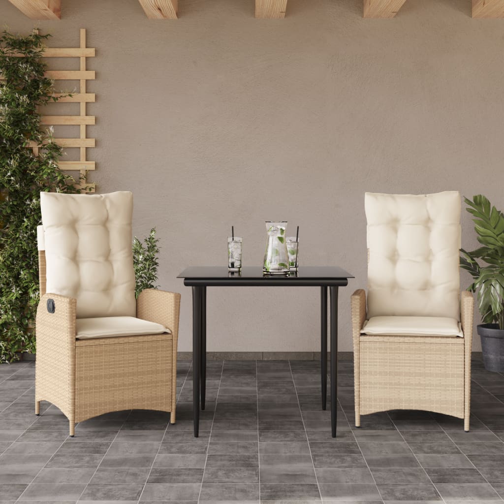 Vetonek Set comedor de jardín 3 pzas con cojines ratán sintético beige