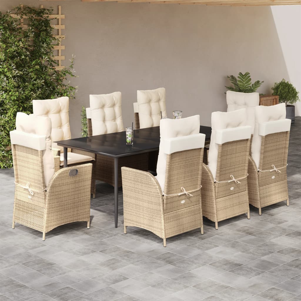 Vetonek Set comedor de jardín 9 pzas con cojines ratán sintético beige