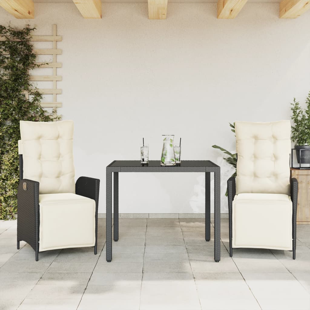 Vetonek Set comedor de jardín 3 pzas con cojines ratán sintético negro