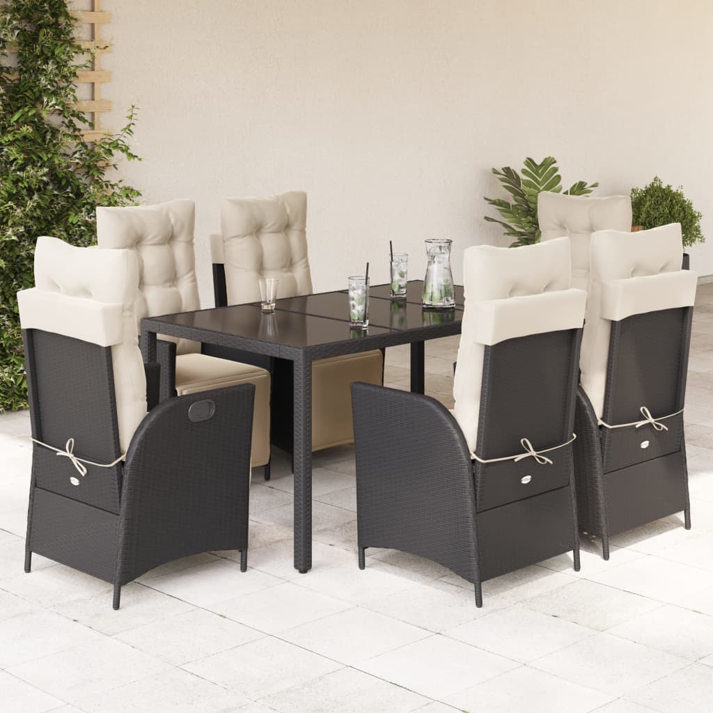 Vetonek Set de comedor de jardín 7 pzas y cojines ratán sintético negro