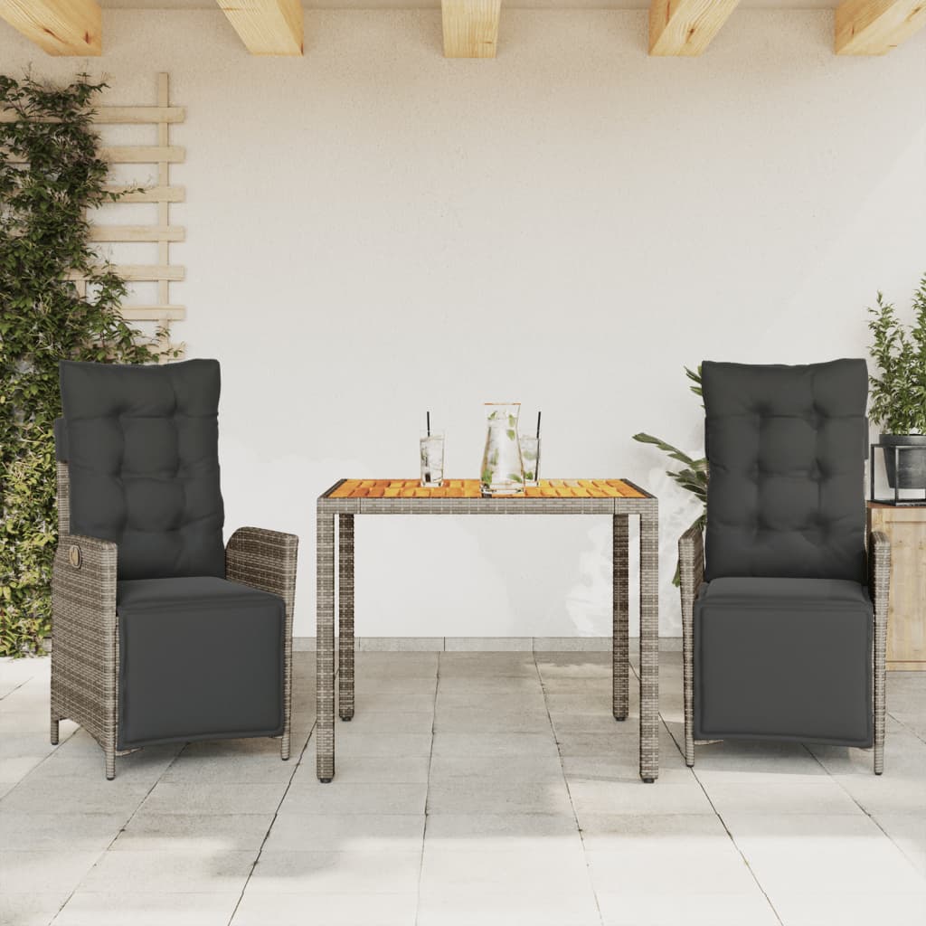 Vetonek Set comedor de jardín 3 piezas con cojines ratán sintético gris