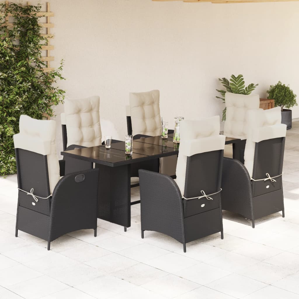 Vetonek Set de comedor de jardín 7 pzas y cojines ratán sintético negro