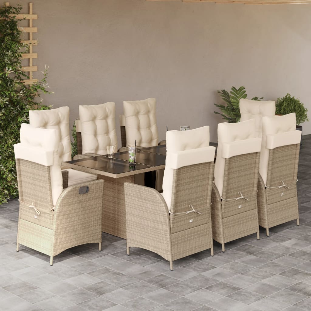 Vetonek Set comedor de jardín 9 pzas con cojines ratán sintético beige