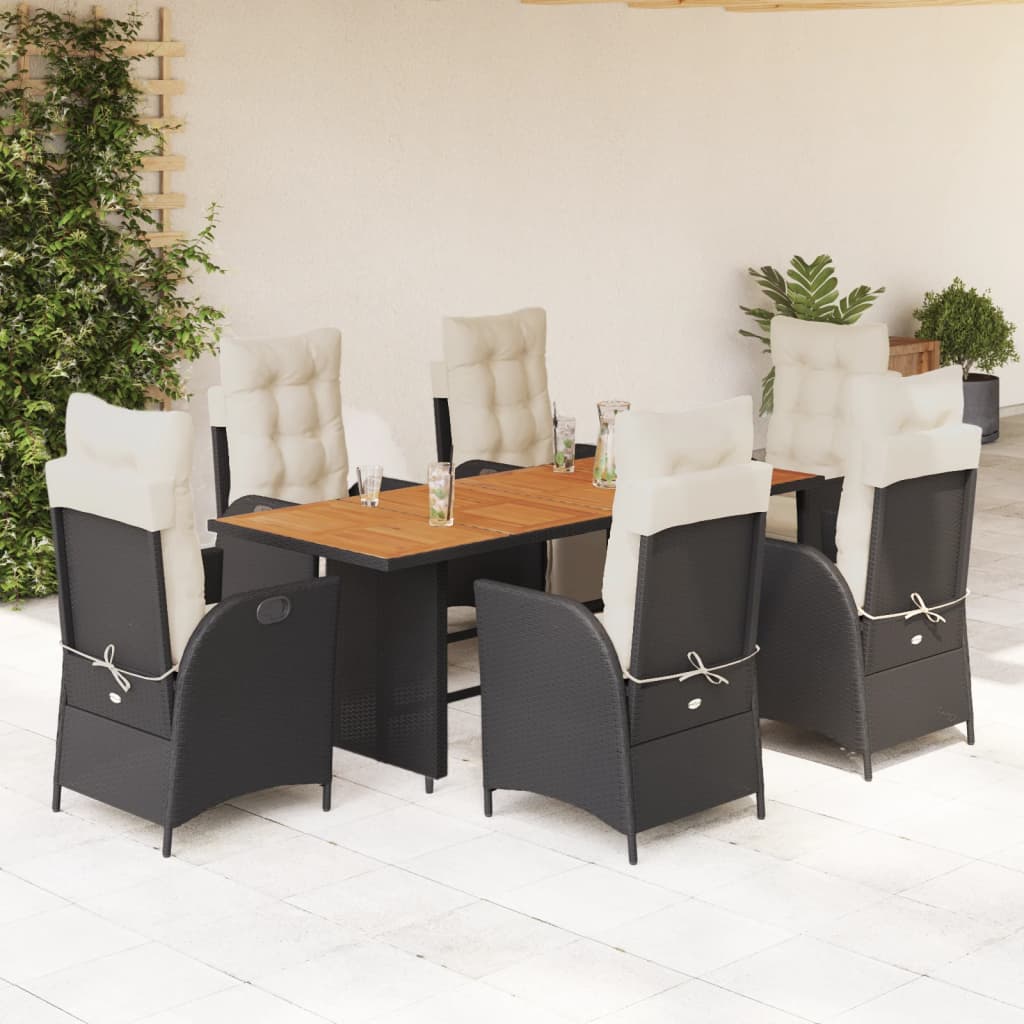 Vetonek Set de comedor de jardín 7 pzas y cojines ratán sintético negro