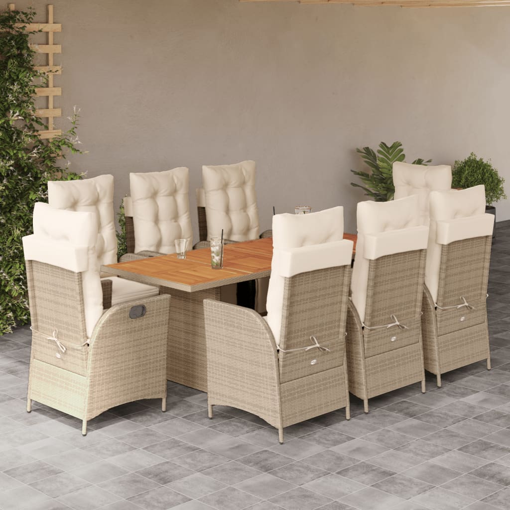 Vetonek Set comedor de jardín 9 pzas con cojines ratán sintético beige