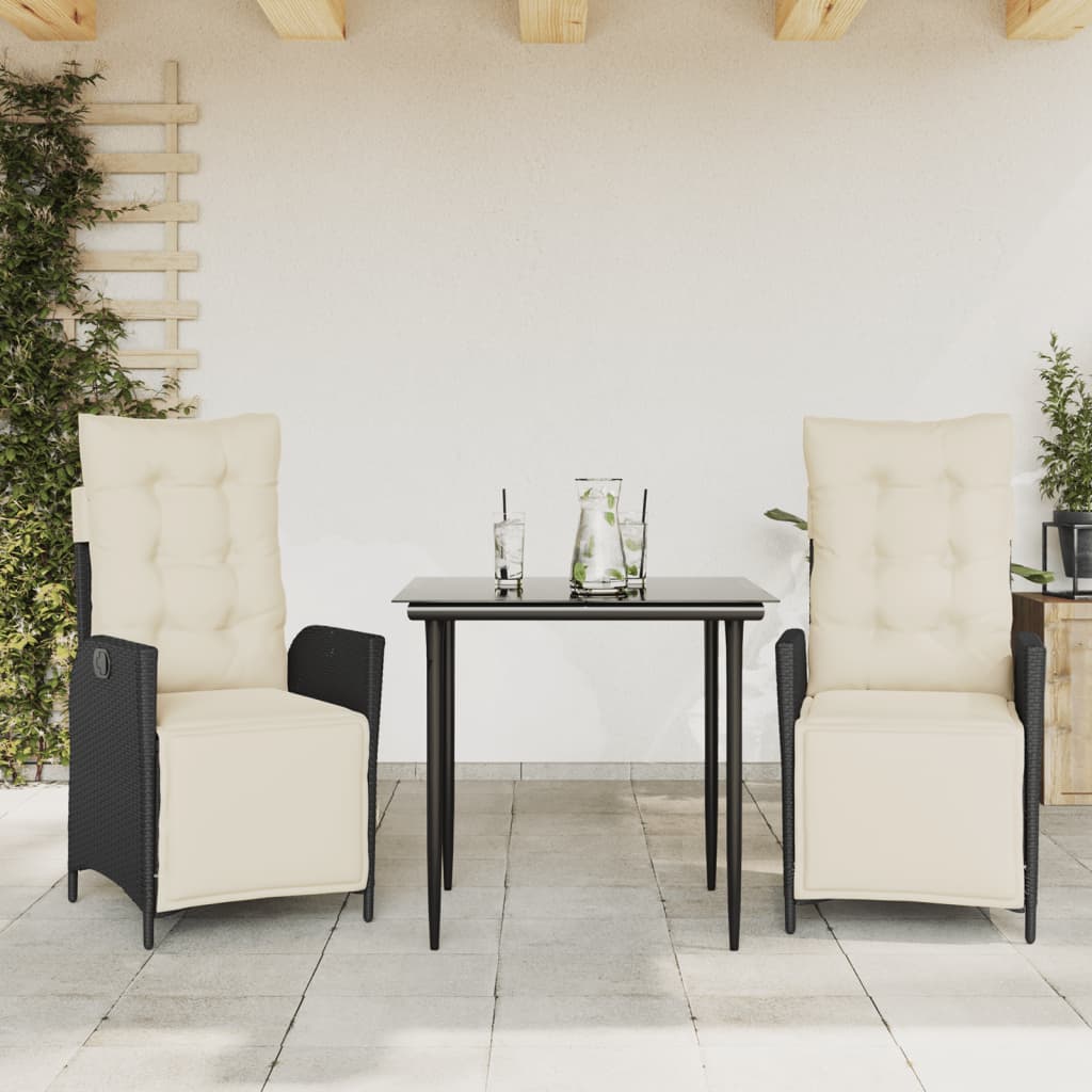 Vetonek Set comedor de jardín 3 pzas con cojines ratán sintético negro