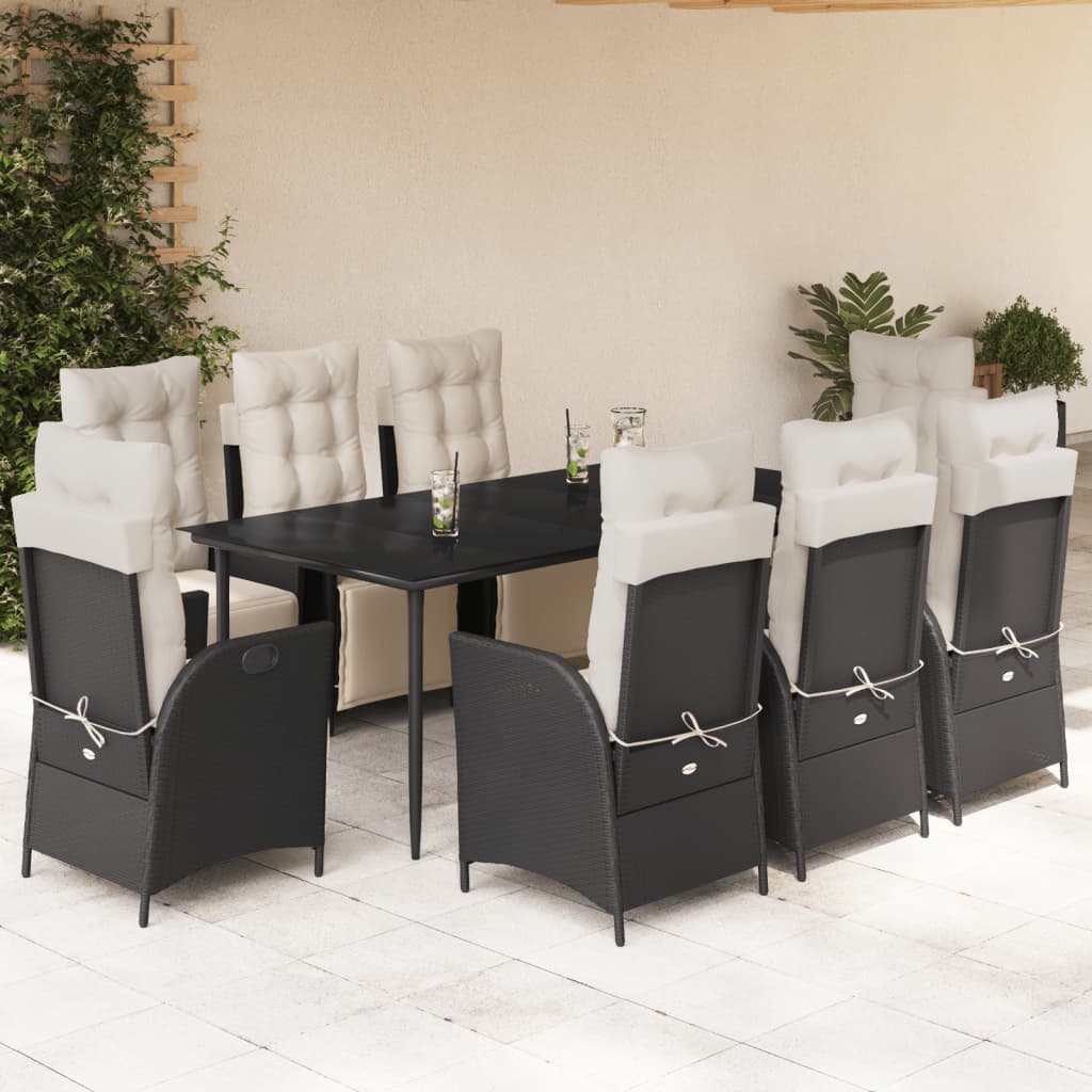 Vetonek Set de comedor de jardín 9 pzas y cojines ratán sintético negro