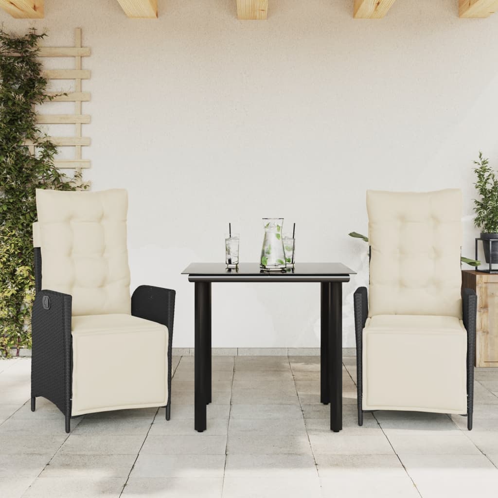 Vetonek Set comedor de jardín 3 pzas con cojines ratán sintético negro