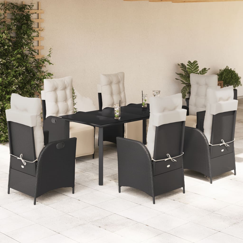 Vetonek Set de comedor de jardín 7 pzas y cojines ratán sintético negro