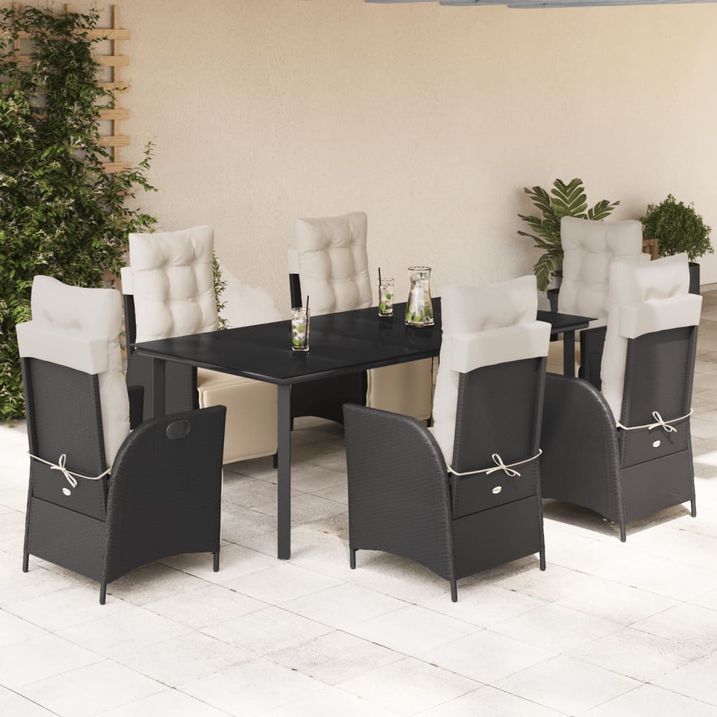 Vetonek Set de comedor de jardín 7 pzas y cojines ratán sintético negro