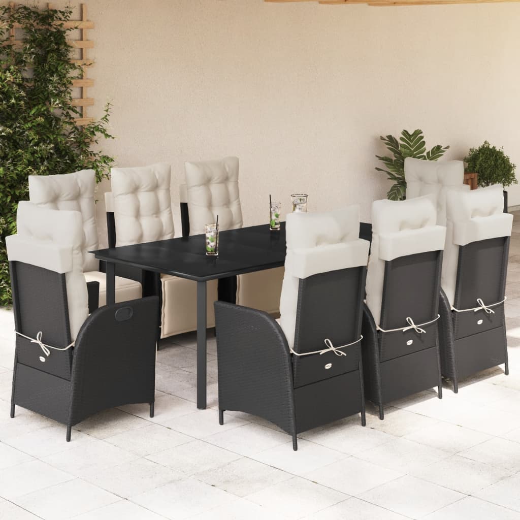 Vetonek Set de comedor de jardín 9 pzas y cojines ratán sintético negro