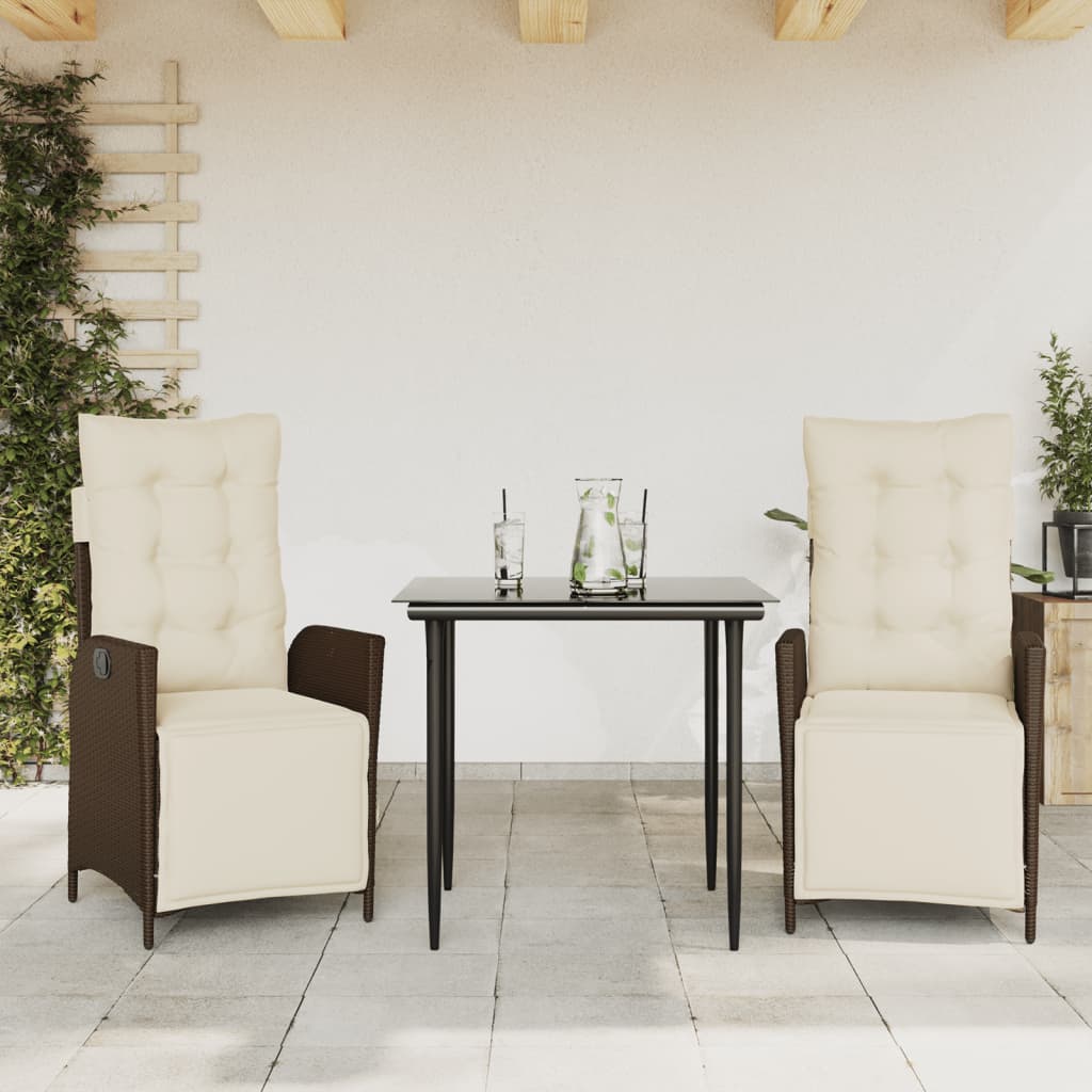 Vetonek Set comedor de jardín 3 piezas y cojines ratán sintético marrón