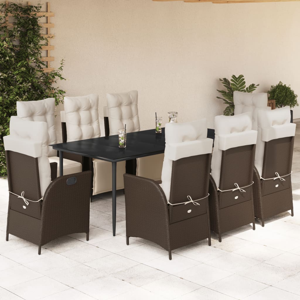 Vetonek Set comedor para jardín 9 pzas y cojines ratán sintético marrón