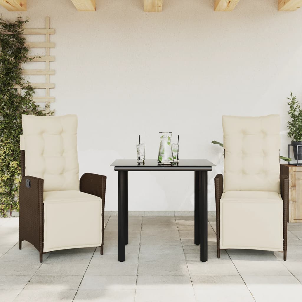 Vetonek Set comedor de jardín 3 piezas y cojines ratán sintético marrón