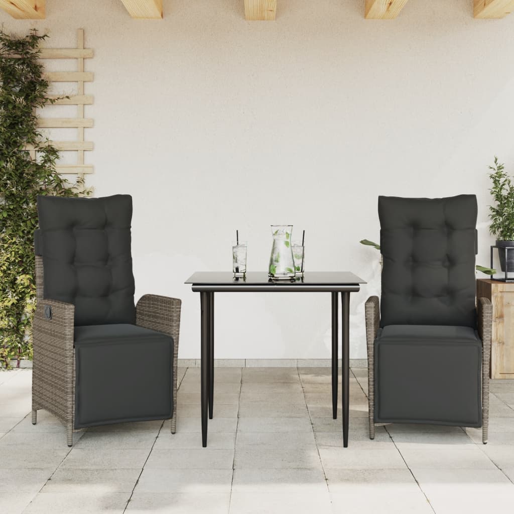 Vetonek Set comedor de jardín 3 piezas con cojines ratán sintético gris