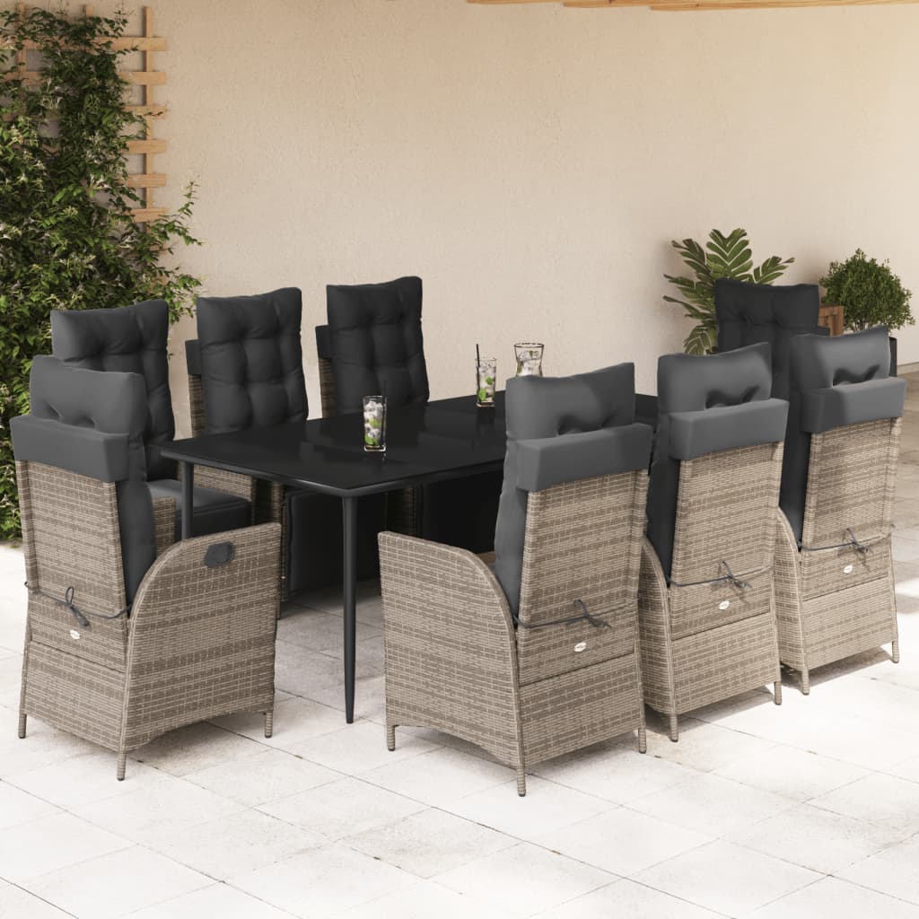 Vetonek Set comedor jardín 9 pzas y cojines ratán sintético gris