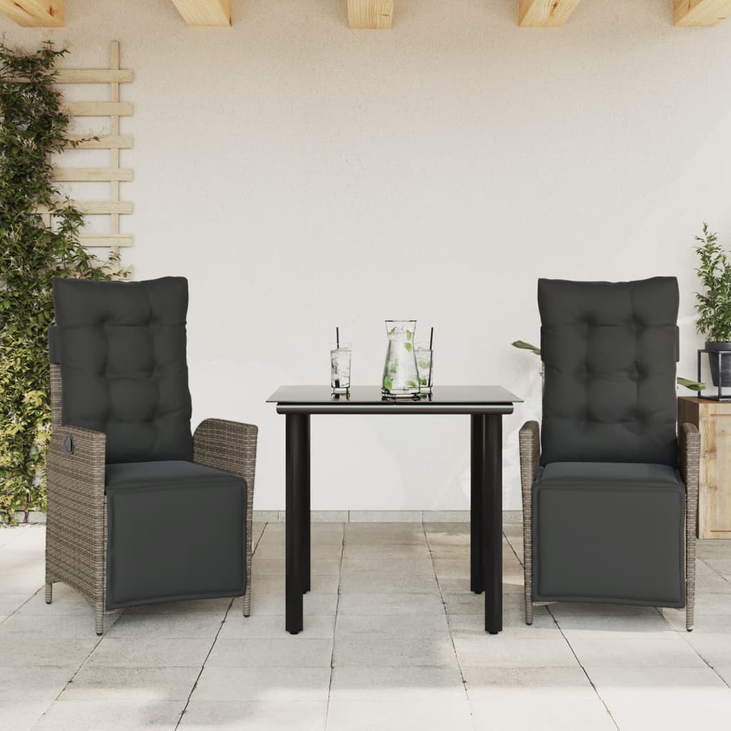 Vetonek Set comedor de jardín 3 piezas con cojines ratán sintético gris