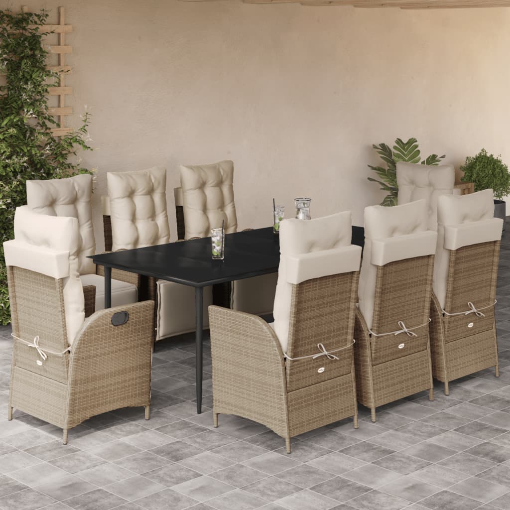 Vetonek Set comedor de jardín 9 pzas con cojines ratán sintético beige