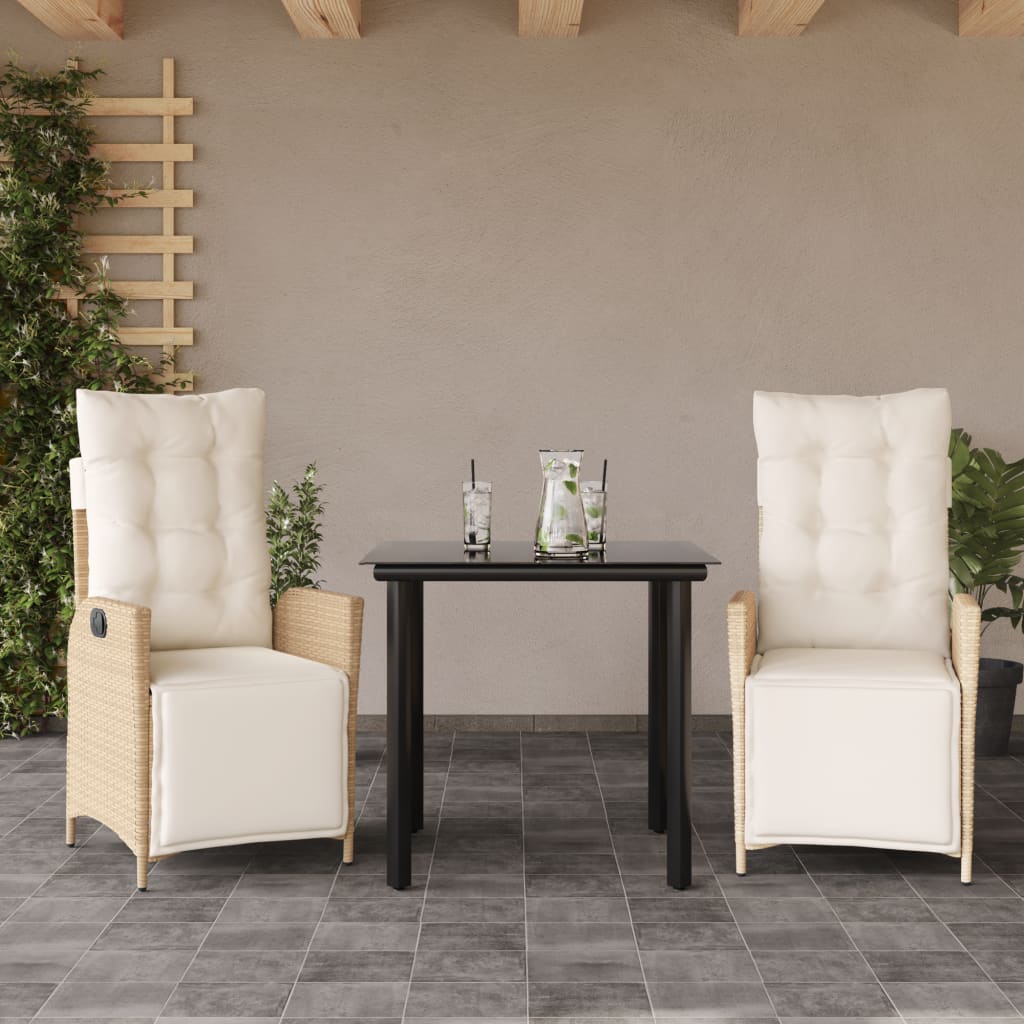 Vetonek Set comedor de jardín 3 pzas con cojines ratán sintético beige