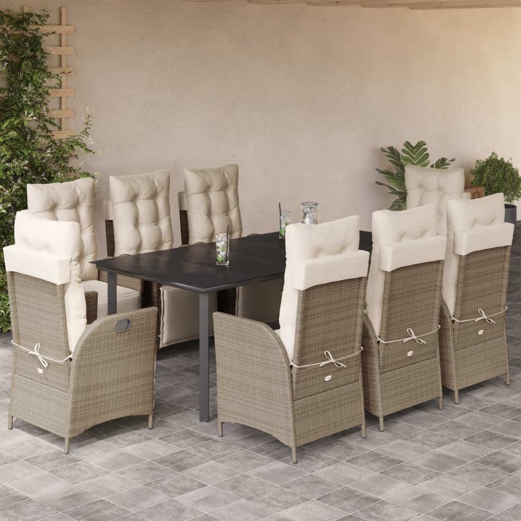 Vetonek Set comedor de jardín 9 pzas con cojines ratán sintético beige