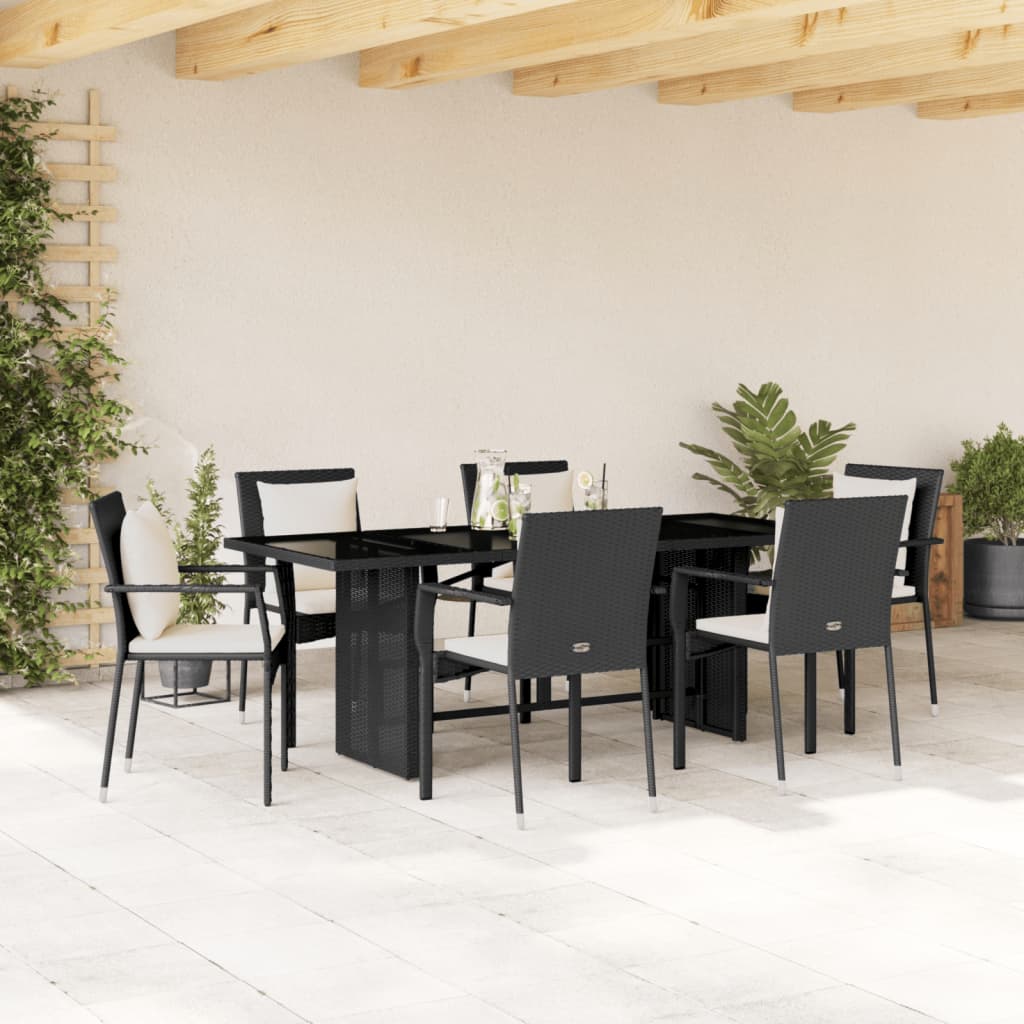 Vetonek Set de comedor de jardín 7 pzas y cojines ratán sintético negro