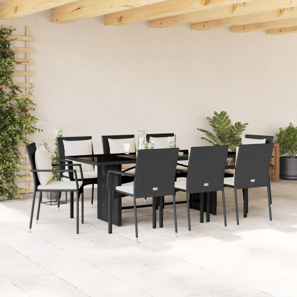 Vetonek Set de comedor de jardín 9 pzas y cojines ratán sintético negro