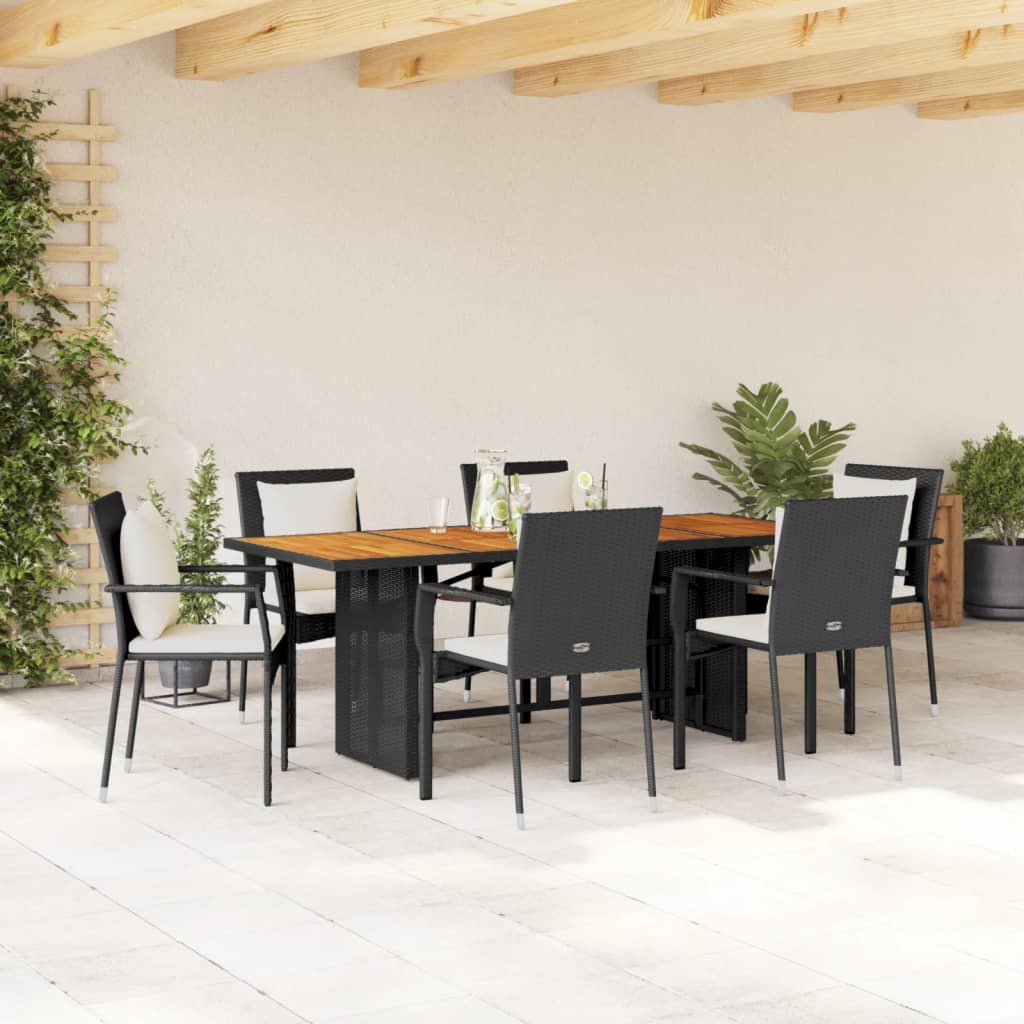 Vetonek Set de comedor de jardín 7 pzas y cojines ratán sintético negro