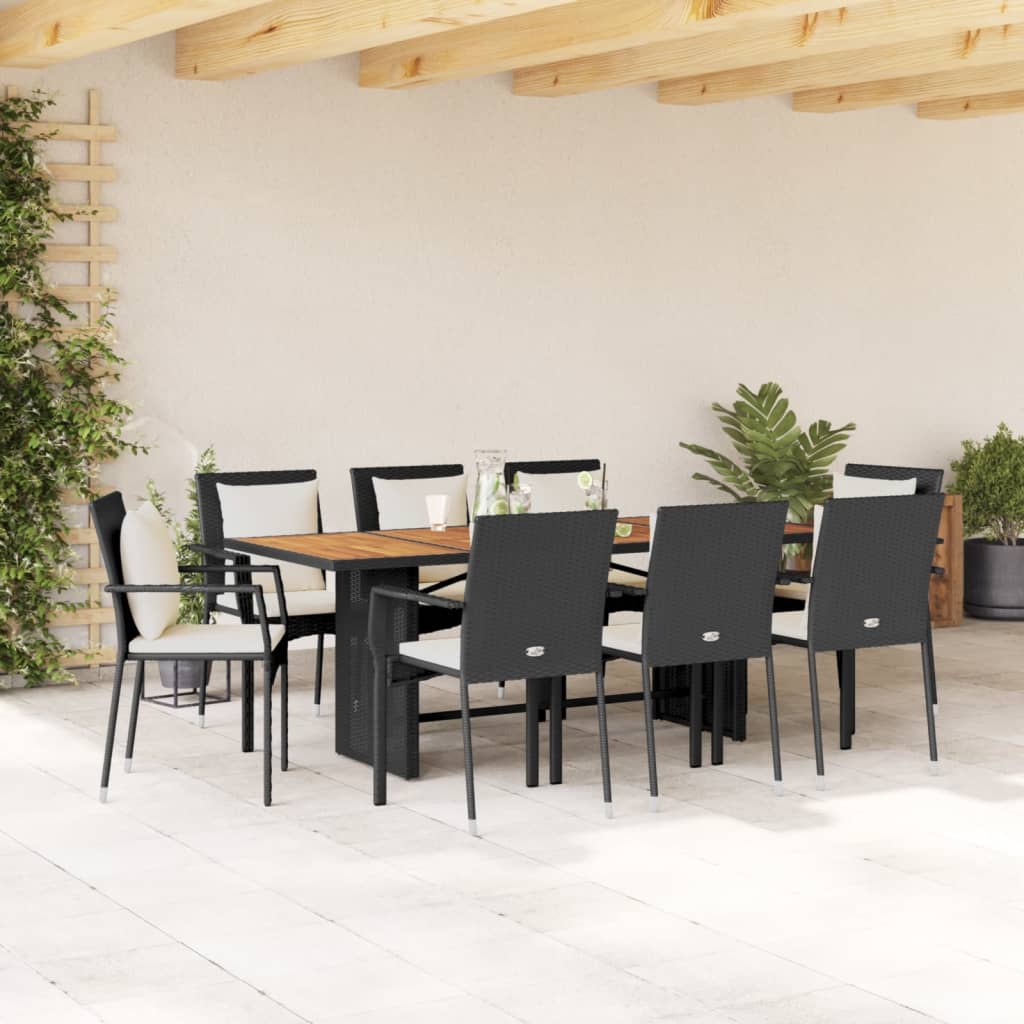 Vetonek Set de comedor de jardín 9 pzas y cojines ratán sintético negro