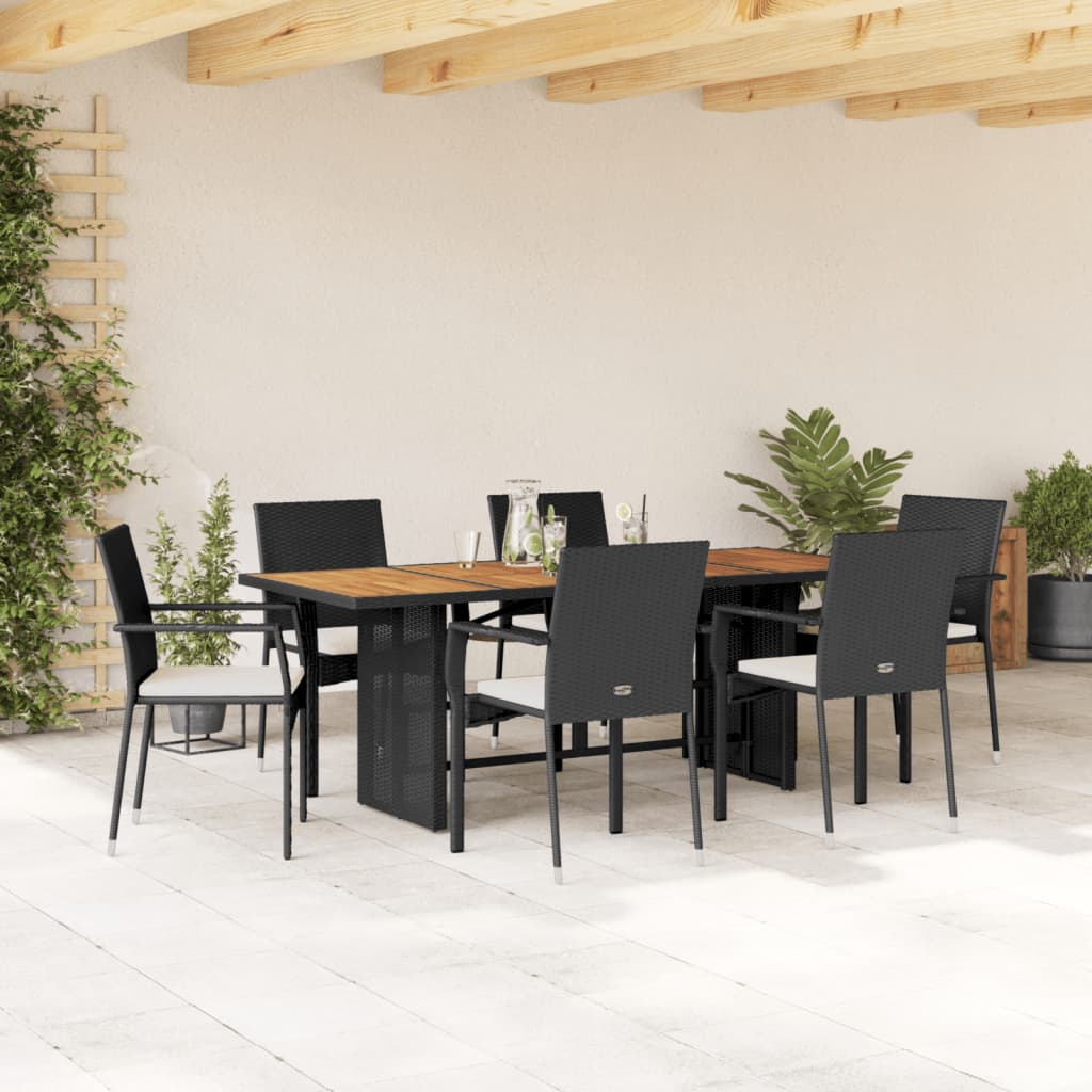 Vetonek Set de comedor de jardín 7 pzas y cojines ratán sintético negro