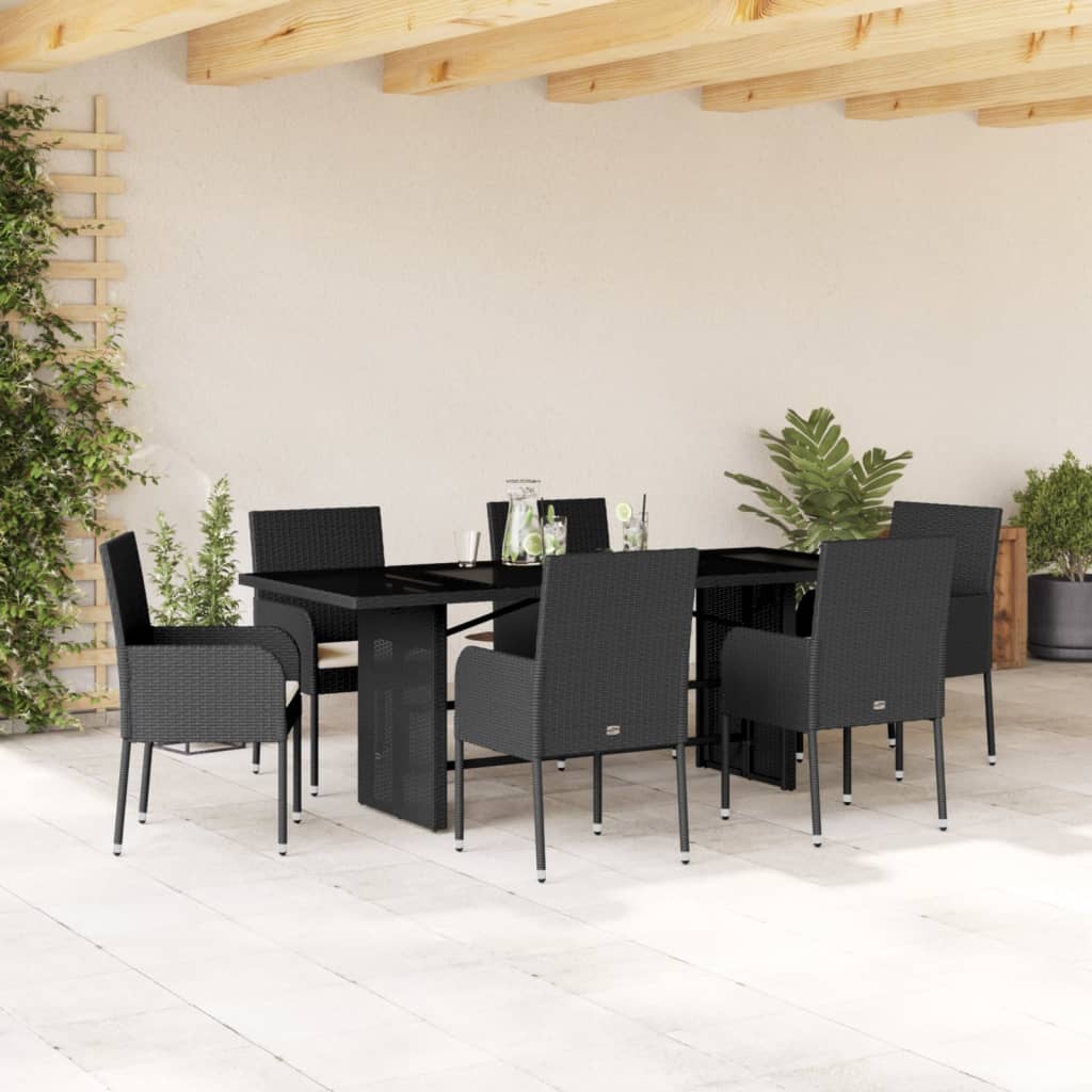 Vetonek Set de comedor de jardín 7 pzas y cojines ratán sintético negro