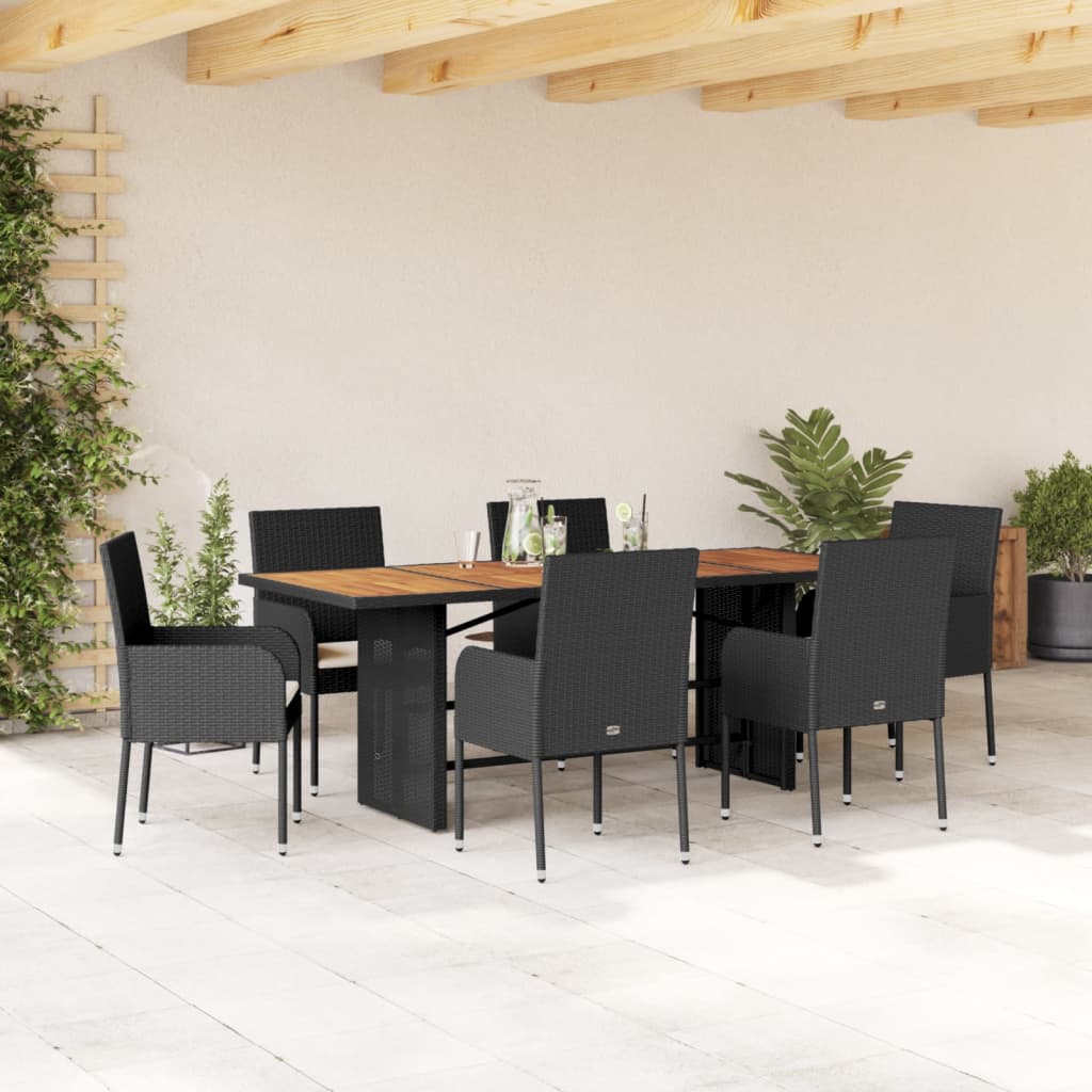 Vetonek Set de comedor de jardín 7 pzas y cojines ratán sintético negro