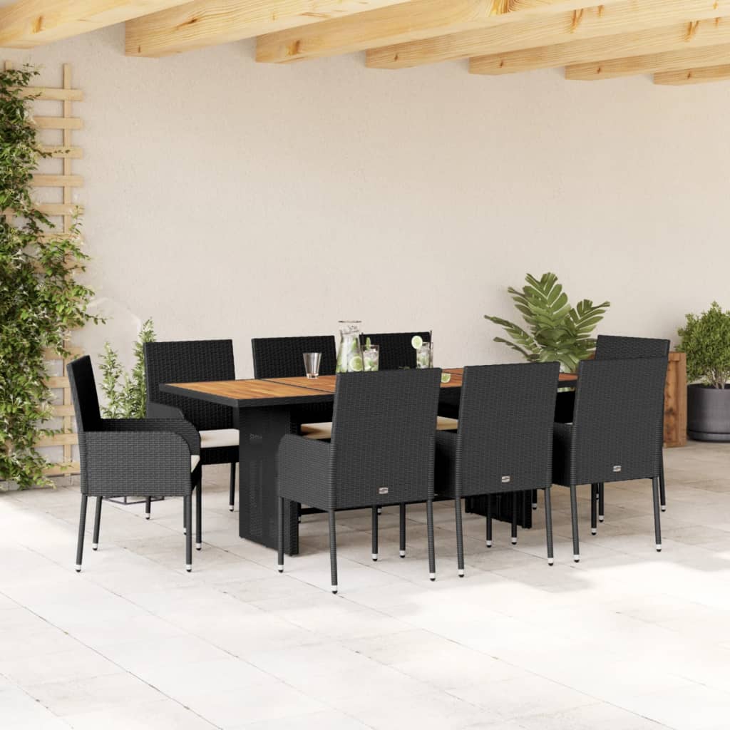 Vetonek Set de comedor de jardín 9 pzas y cojines ratán sintético negro