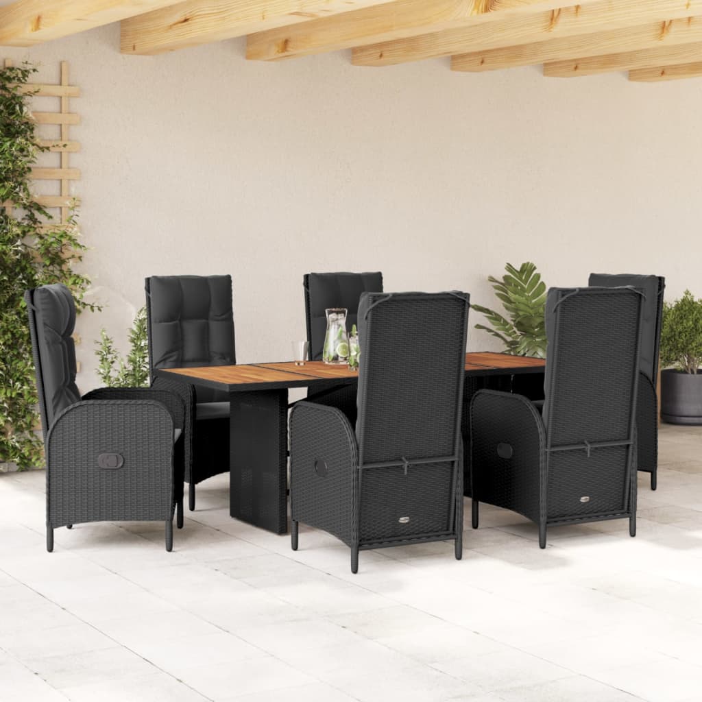 Vetonek Set de comedor de jardín 7 pzas y cojines ratán sintético negro