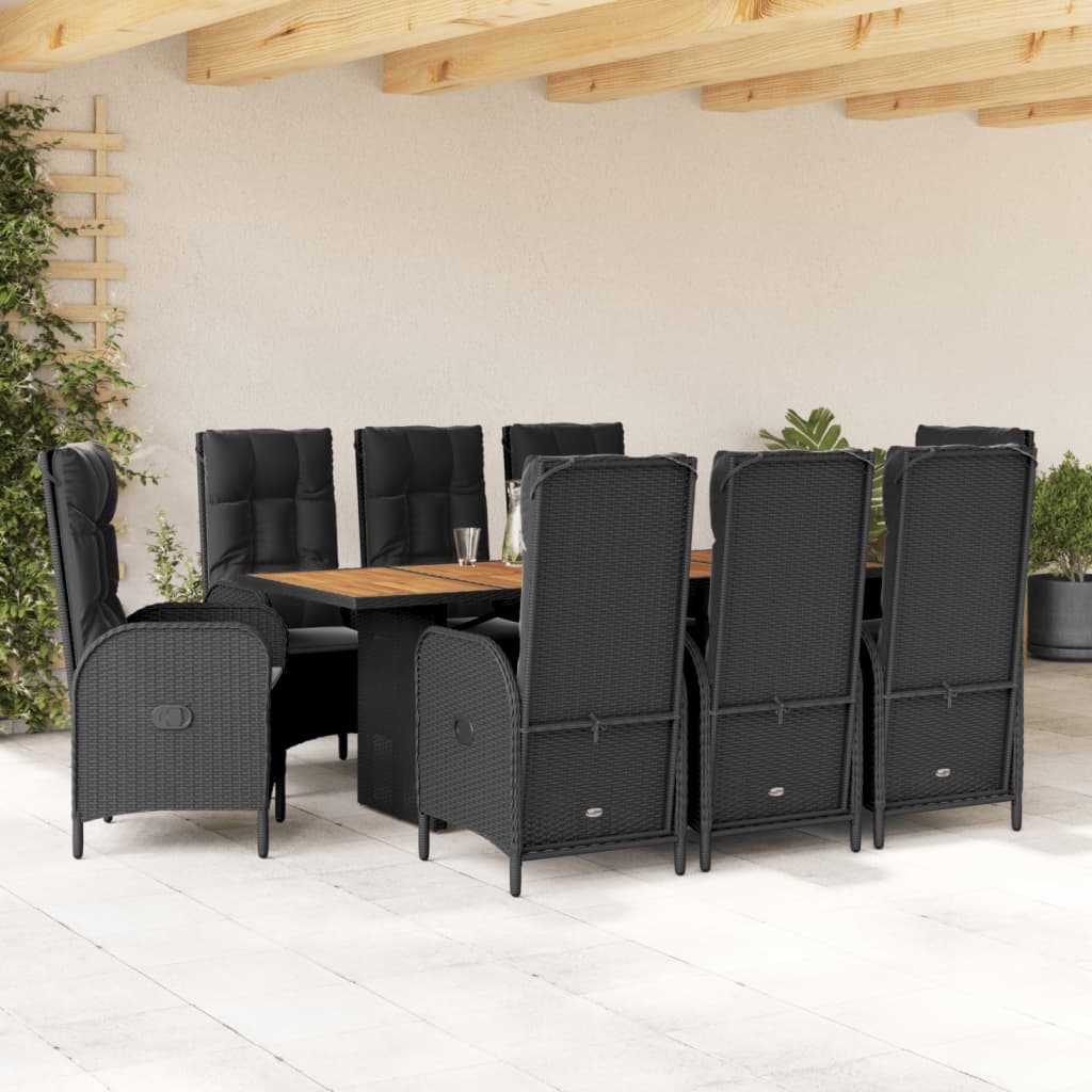 Vetonek Set de comedor de jardín 9 pzas y cojines ratán sintético negro