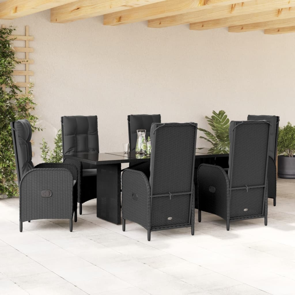 Vetonek Set de comedor de jardín 7 pzas y cojines ratán sintético negro