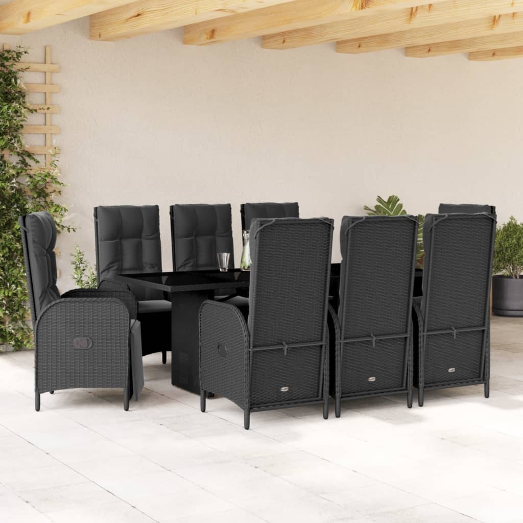 Vetonek Set de comedor de jardín 9 pzas y cojines ratán sintético negro