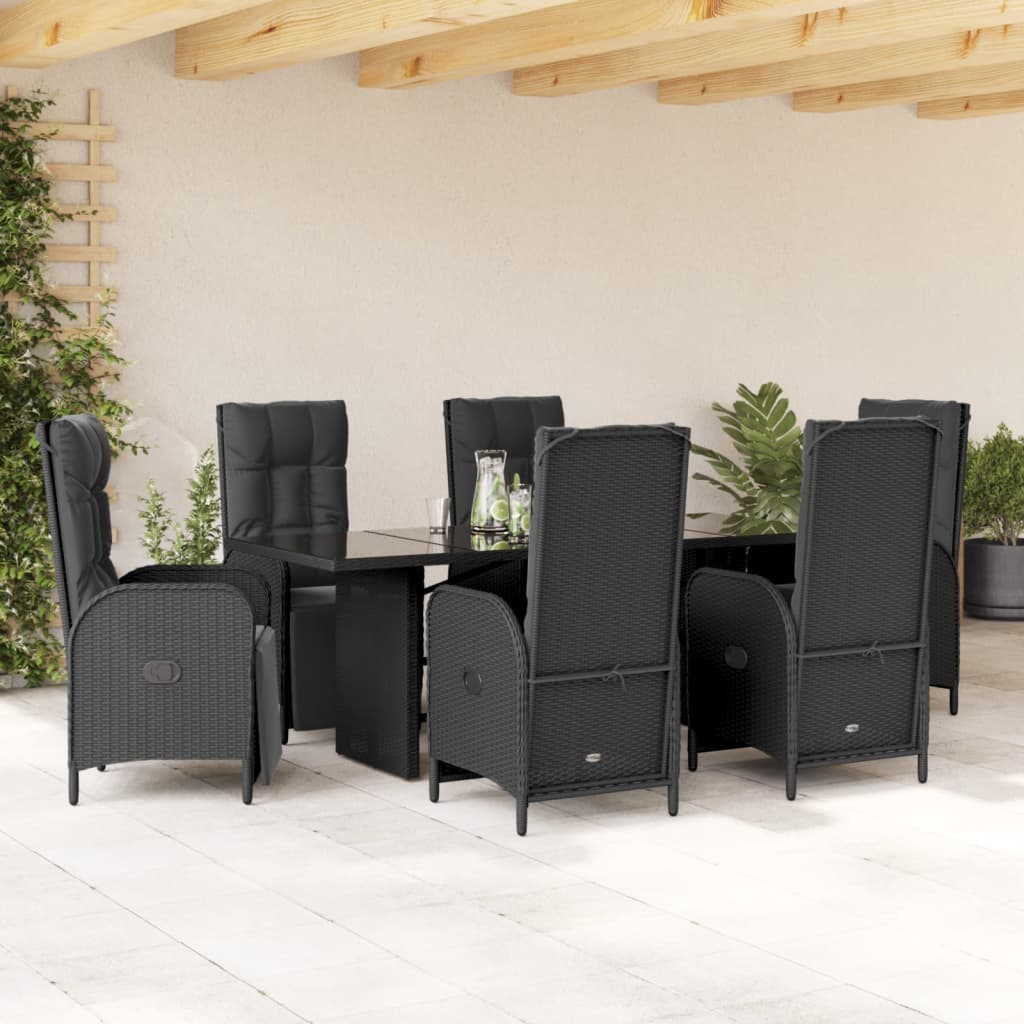 Vetonek Set de comedor de jardín 7 pzas y cojines ratán sintético negro