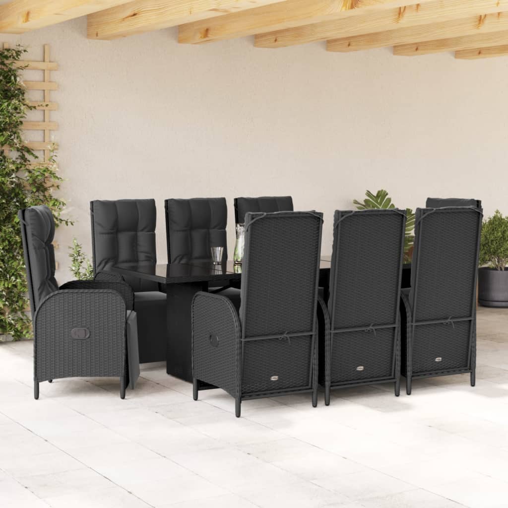 Vetonek Set de comedor de jardín 9 pzas y cojines ratán sintético negro