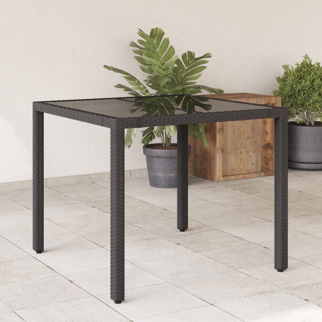 Vetonek Mesa de jardín superficie de vidrio ratán PE negro 90x90x75 cm