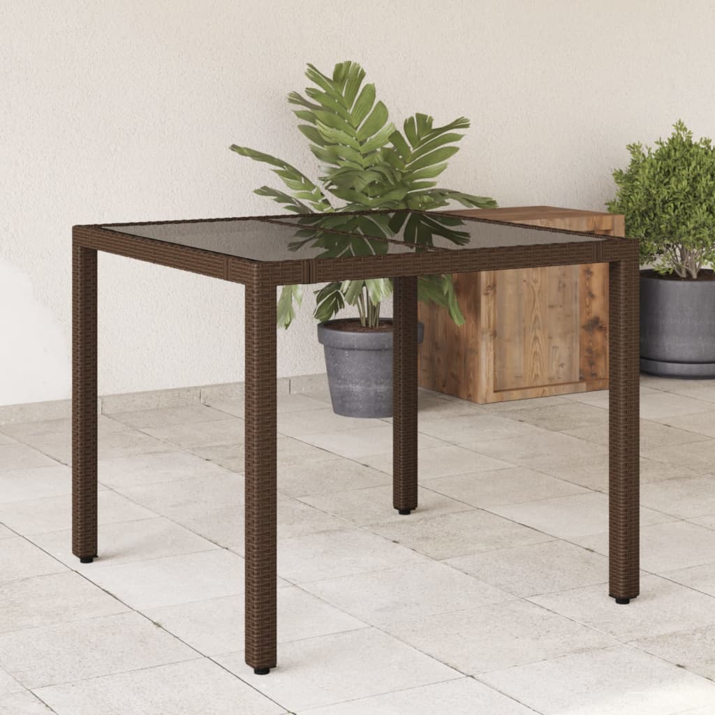 Vetonek Mesa de jardín superficie de vidrio ratán PE marrón 90x90x75 cm