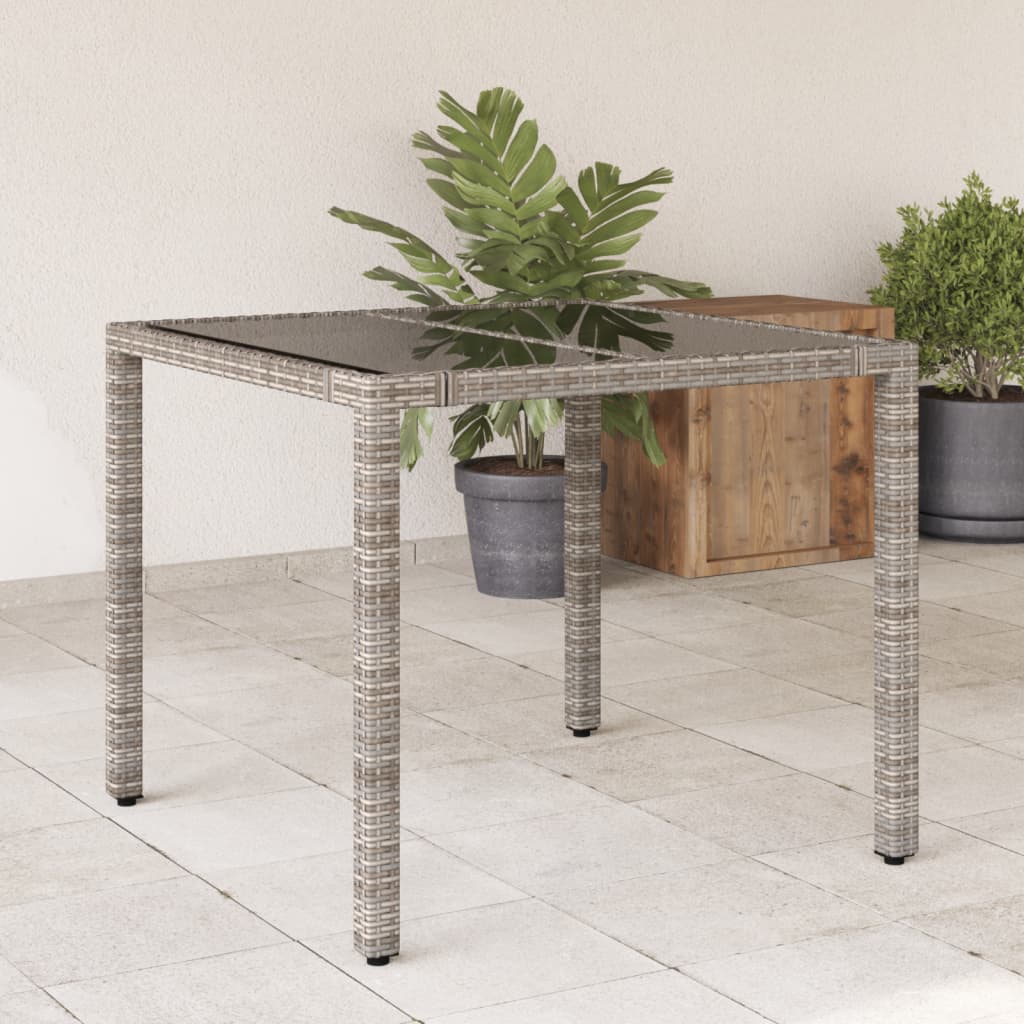 Vetonek Mesa de jardín superficie de vidrio ratán PE gris 90x90x75 cm