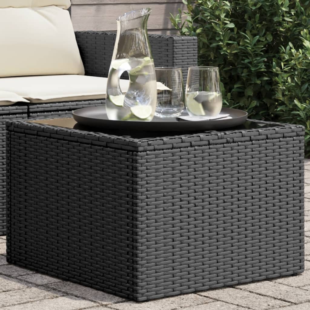 Vetonek Mesa de jardín superficie de vidrio ratán PE negro 55x55x37 cm