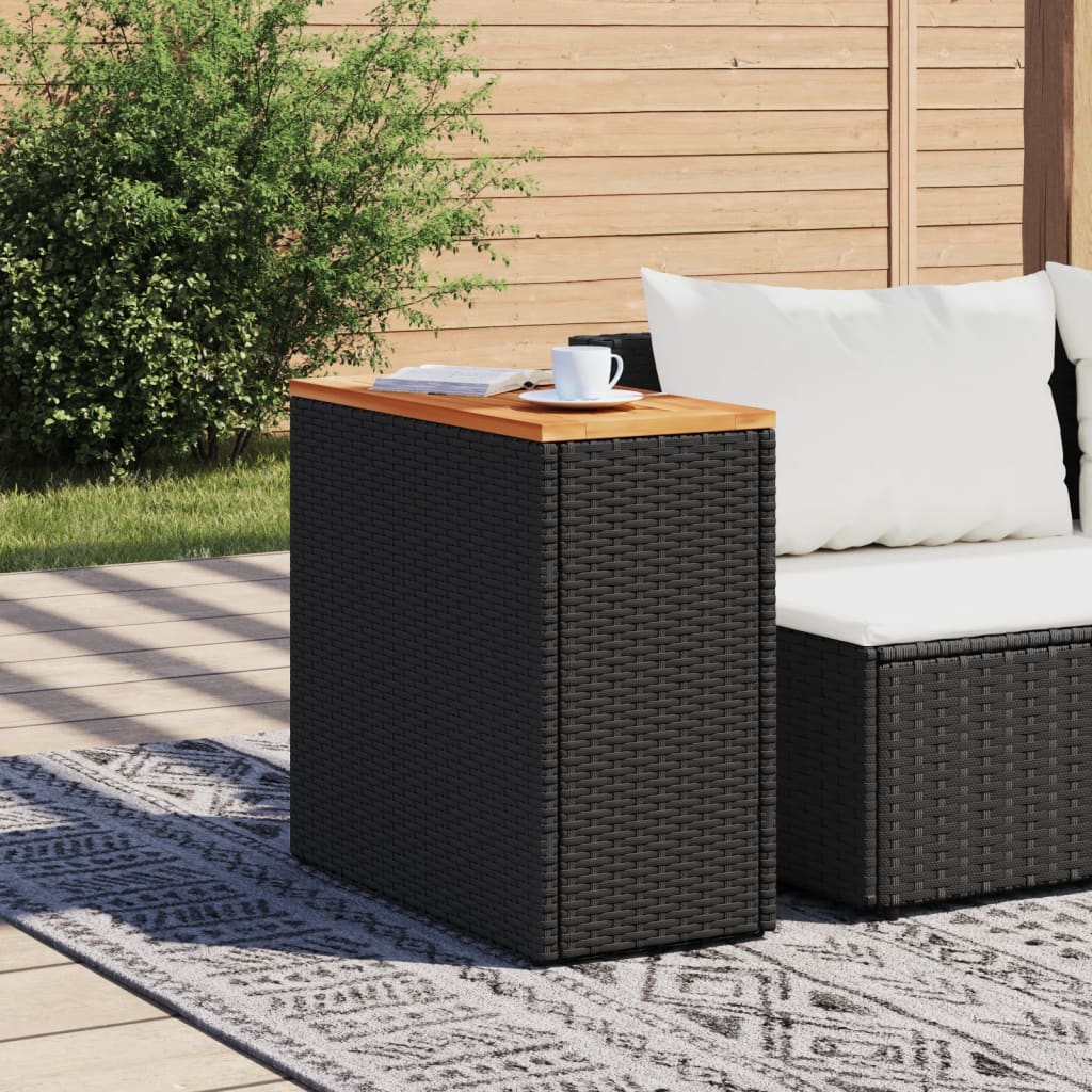 Mesa auxiliar jardín tapa madera ratán PE negro 58x27,5x55 cm