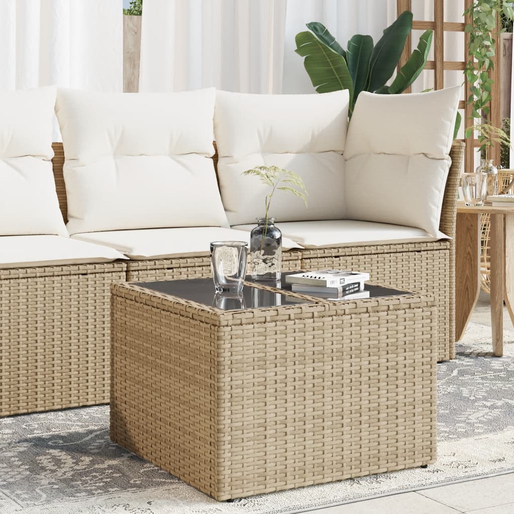 Vetonek Mesa de jardín superficie de vidrio ratán PE beige 55x55x37 cm