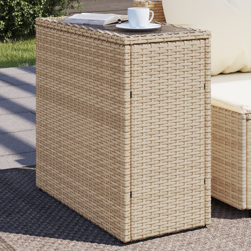 Vetonek Mesa auxiliar jardín tapa vidrio ratán PE beige 58x27,5x55 cm