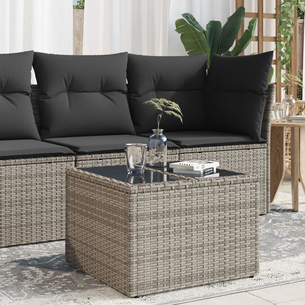 Vetonek Mesa de jardín superficie de cristal ratán PE gris 55x55x37 cm