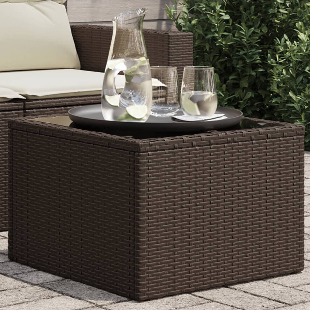 Vetonek Mesa de jardín superficie cristal ratán PE marrón 55x55x37 cm